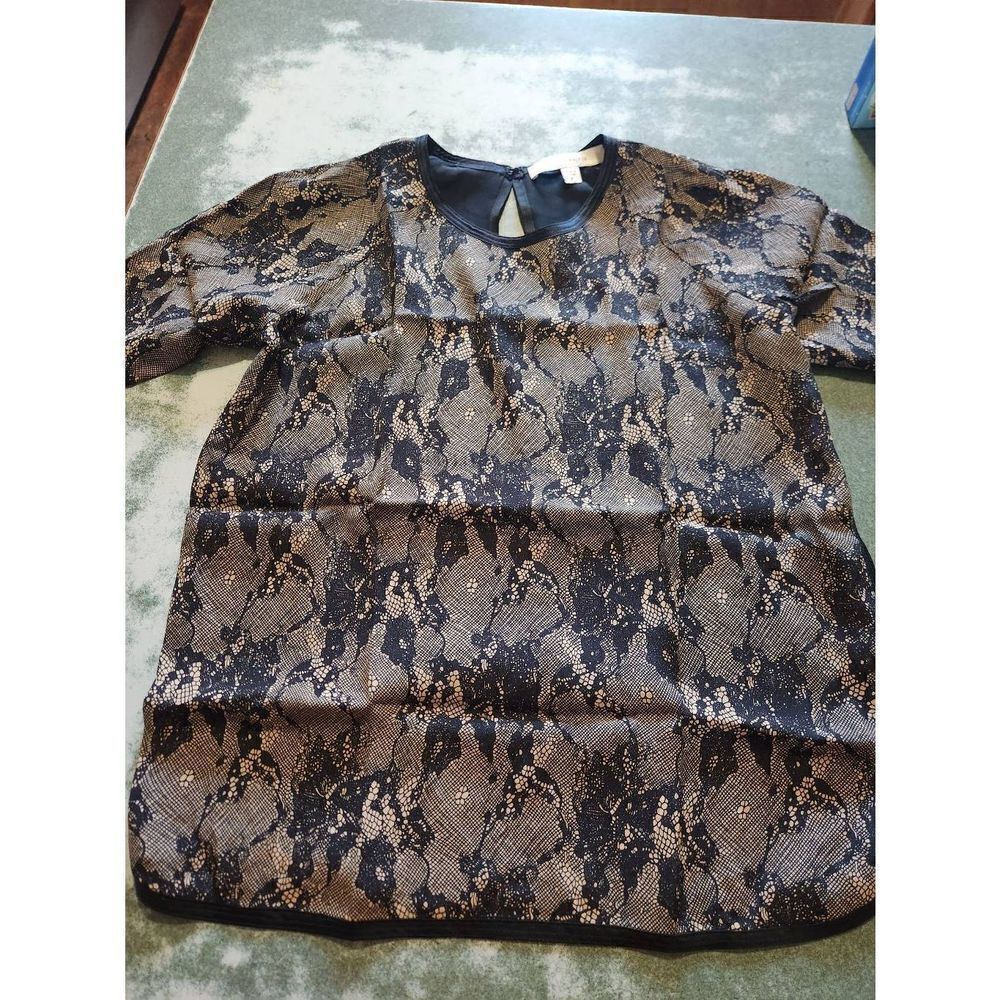 Brochu Walker black &tan lace print silk blouse sz P